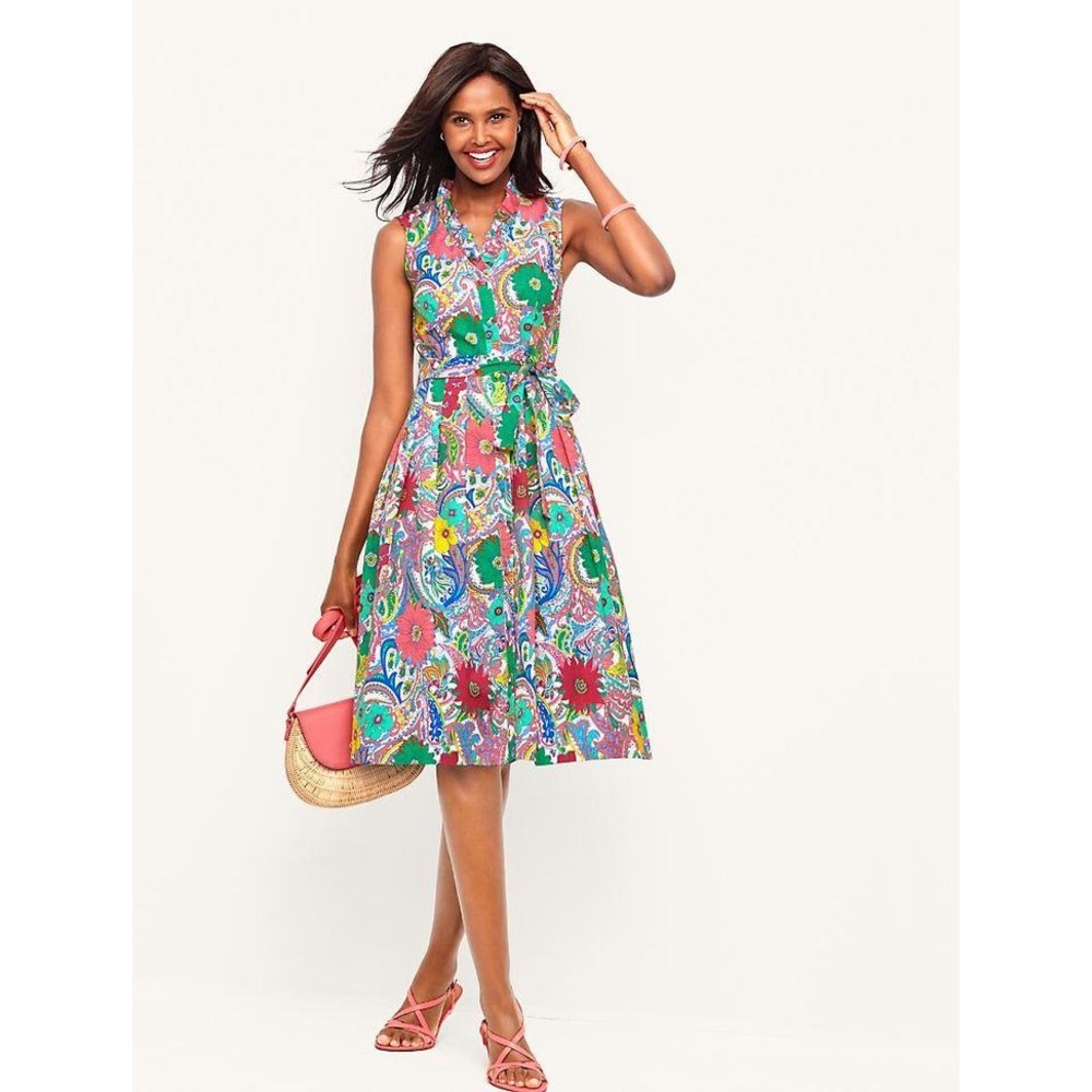 Talbots Paisley Floral Shirtdress Womens 16 Multicolor Ruffle Cotton Fit Flare